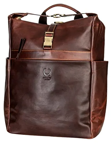 Corno d´Oro Handgefertigter XL Rolltop Laptoprucksack aus Echtleder - Rucksacktaschen – Handgefertigter XL Rolltop-Rucksack aus 100% echtem Rindsleder, ideal für Beruf und Reisen mit viel Stauraum und stilvollem Vintage-Design.