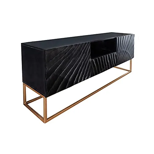 Riess Ambiente Massives TV Lowboard Scorpion 160cm - TV-Halterungen aus massivem Mangoholz mit handgefertigten 3D-Schnitzereien und praktischem Stauraum für HiFi-Geräte.