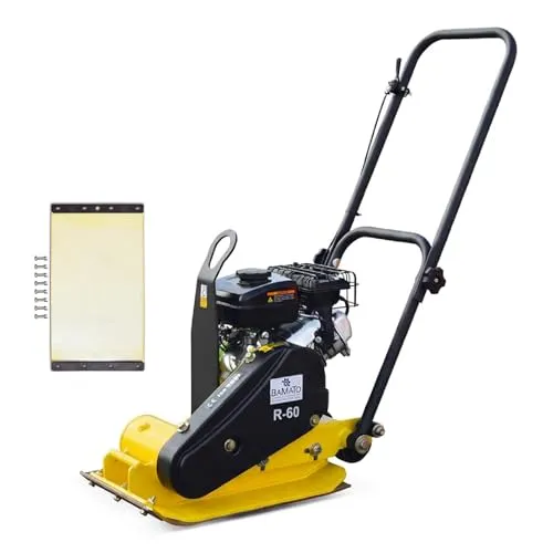 BAMATO Rüttelplatte R-60, Benzin - 8,2kN Verdichtungsdruck - Baumaschinen für effektive Pflaster- und Ausbesserungsarbeiten. Mit hoher Vorlaufgeschwindigkeit von 37 m/min und handlicher Bauweise für müheloses Arbeiten.