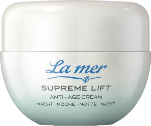 La mer Cosmetics Supreme Lift Anti-Age Cream Nacht 50 ml - Gesichtscreme für straffere Haut über Nacht, mit Meeresschlick- und Algen-Extrakt sowie Bakuchiol zur Faltentiefenreduktion. Shea Butter spendet Feuchtigkeit für ein frisches Hautbild am Morgen.