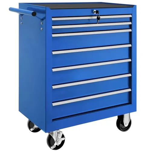 tectake Werkzeugwagen - 7 Schubfächer, mobil und elegant, 69 x 33 x 79 cm, blau - Werkzeugschränke mit 7 Schubfächern, pulverbeschichtet für Langlebigkeit und Eleganz. Ideal für Werkstatt oder Garage, mobil auf Rollen mit Bremsen für sicheren Stand.