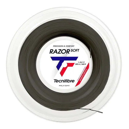Tecnifibre Razor Soft Tennissaite 1.25 mm - 200 m Rolle schwarz - Tennissaiten mit 1.25 mm Durchmesser, bieten eine perfekte Kombination aus Präzision und Komfort dank Polyurethan-Zusatz. Ideal für Spieler, die Power und Kontrolle suchen.