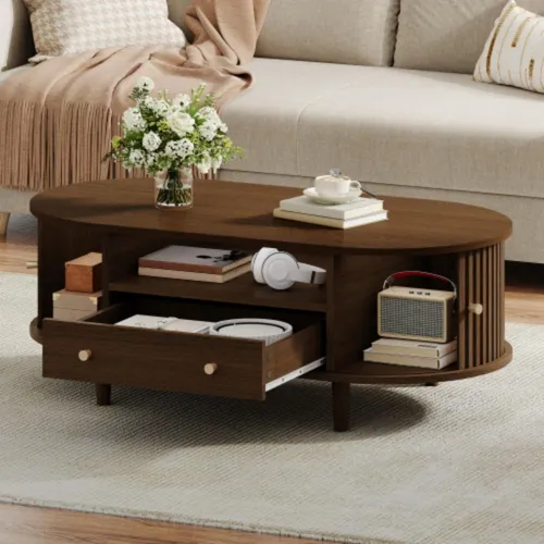 Eleganter Couchtisch mit Schublade und Rolltür, 100 x 50 x 36 cm - Dieser stilvolle Couchtisch (100 × 50 × 36 cm) mit Rolltür und Schublade bietet praktischen Stauraum für Zeitschriften und Snacks. Aus robuster MDF-Platte gefertigt, ist er ideal für jedes Wohnzimmer.