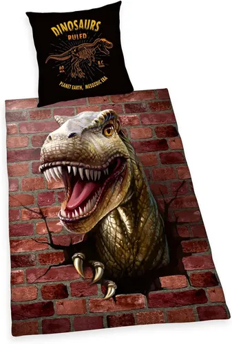 Familando Kinderbettwäsche mit Dino Muster und 3D T-Rex - Bettwäsche-Set in 135x200 + 80x80 cm aus 100% Baumwolle, mit einem aufregenden 3D T-Rex Motiv, perfekt für kleine Dinosaurier-Fans und pflegeleicht waschbar.