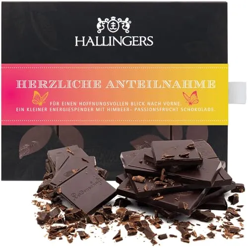 Hallingers Genuss Manufaktur Schokoladen Geschenk - Tafel Vegane Schokolade Zartbitter-Edelkakao Himbeere & Maracuja - handmade ohne Alkohol, edle Geschenkverpackung "Herzliche Anteilnahme"