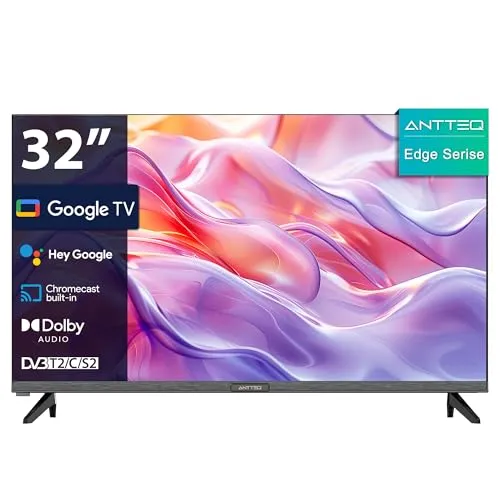Antteq G32 Smart TV 32 Zoll mit Google TV - Kompakter 32-Zoll Smart TV mit HD-Auflösung, Triple Tuner und integriertem Sprachassistenten. Ideal für kleine Räume, einfaches Streaming von beliebten Apps wie Netflix und YouTube.