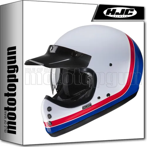 HJC V60 Scoby Helm – Weiss-Rot-Blau, Größe S für Männer - Leichter und komfortabler Motorradhelm mit fortschrittlicher Fiberglas-Verbundschale. Ideal für den täglichen Einsatz und kompatibel mit Motocross-Brillen.