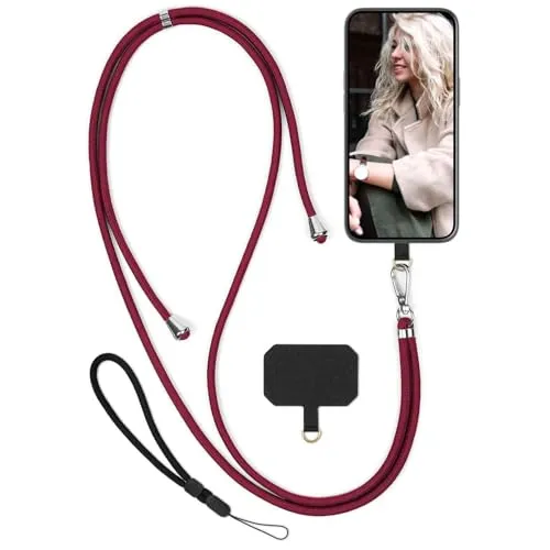 moex Unleash für Motorola Moto G75 5G Handyband zum Umhängen ohne Hülle, Handykette Universal mit Karabiner, Handy Band abnehmbar, Kette mit Pad für Handyhülle, Rot, Silber