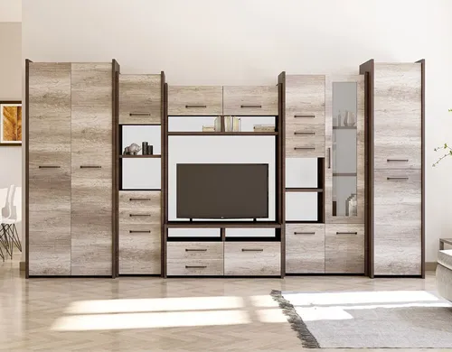 Moderne Wohnwand Mokka: Anbauwand mit TV-Lowboard und Sideboard - Wohnwände in Eiche Cantenbury/Eiche Country Grey, ideal für moderne Innenausstattung, bietet harmonisches Design und viel Stauraum.