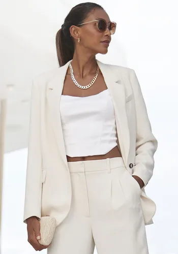 LASCANA Damen Longblazer mit Reverskragen - Eleganter Business-Mode Blazer in creme mit Reverskragen und Schlitz hinten, ideal für stilbewusste Frauen.