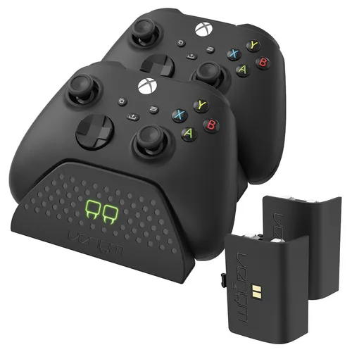 Venom Doppel-Ladestation für Xbox - 2 Akkupacks in Schwarz - Ladegeräte für Xbox Series X & S mit 2 x 850mAh Akkus für schnelles Laden. Drop-and-go-Design und abnehmbares 2-Meter-USB-Kabel für flexible Platzierung.