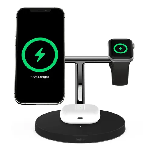 BELKIN BoostCharge Pro 3-in-1 Drahtloses Ladegerät mit MagSafe, 15W - Ladegeräte & Dockingstationen, lädt gleichzeitig Smartphone, Apple Watch und AirPods kabellos und schnell auf.
