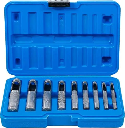 BGS-technic Locheisen Set 9-teilig im Koffer - Praktisches Set mit 9 robusten Locheisen (3-12 mm) für präzises Ausstanzen von Pappe, Leder und Gummi. Ideal für Handwerk und DIY-Projekte, sicher verpackt im praktischen Kunststoffkoffer.