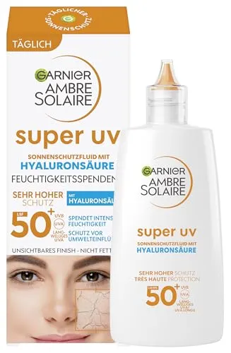 Garnier Ambre Solaire LSF 50+ Super UV Fluid - Sonnenschutz mit LSF 50+ und Hyaluronsäure, ultraleicht und mattierend für unsichtbaren Schutz vor Sonnenbrand und Pigmentflecken, ideal für das Gesicht.