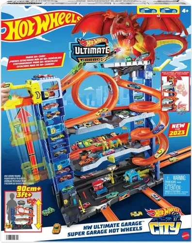 Hot Wheels Let's Race Netflix - Ultimative Garage - Autogaragen & -werkstätten mit mehreren Ebenen, 3ft hoch, inkl. 2 Die-Cast-Autos, bietet Rennspaß, Stunt-Abenteuer und Drachenkampf für Kinder ab 5 Jahren.