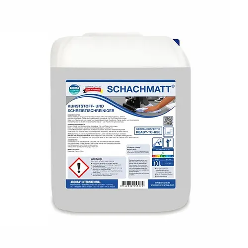 SCHACHMATT Kunststoff- und Schreibtischreiniger 01092 - 10 Liter Kanister - Reinigungsmittel für müheloses Entfernen von Filzstift, Kugelschreiber, Fett und Kleber auf lösemittelbeständigen Oberflächen. Ideal für Büro und Haushalt.