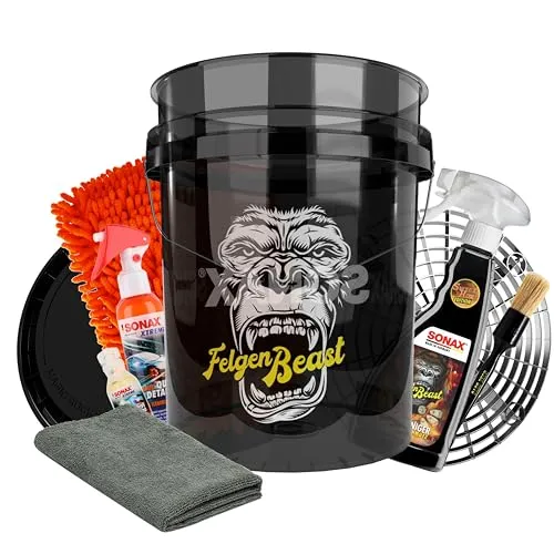 Sonax Felgenreiniger Set 500ml | Komplettes Autopflege-Set mit Waschhandschuh, Eimer und mehr - Autopflege Set für perfekte Felgenpflege: Starker Sonax Felgenreiniger, Grit Guard Eimer, Shampoo und Zubehör für glänzende, saubere Felgen und Langlebigkeit.