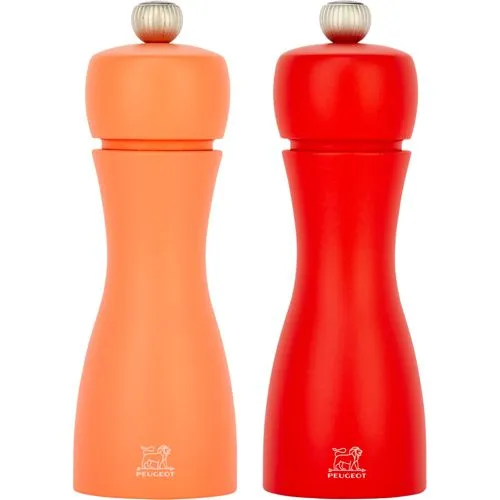 Peugeot Tahiti duo orange & red 15cm - Küchenhelfer: Stilvolles Set aus Holz-Salz- und Pfeffermühlen mit lebenslanger Garantie auf den Mechanismus und einstellbarem Mahlgrad für perfekten Genuss.