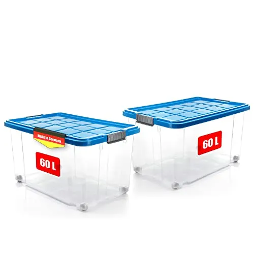 BigDean 60 L Aufbewahrungsbox mit Deckel - 2 Stück, rollbar und stapelbar - Praktische Aufbewahrungsbehälter mit Deckel, ideal für Haushalt und Garten. Dank Rollen und stabilen Klickverschlüssen sind sie einfach zu handhaben und perfekt für Ordnungssysteme.