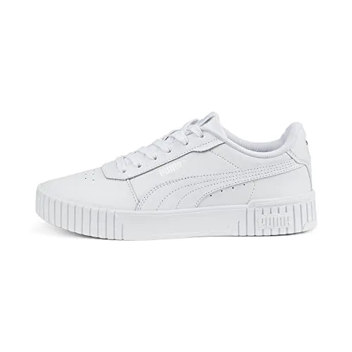 PUMA Damen Carina 2.0 Sneaker - Stilvoller Komfort in Weiß - Damen-Sneaker aus Leder mit perforiertem Schuhblatt, Gummi-Sohle und breiten vertikalen Linien für einen modernen Look.