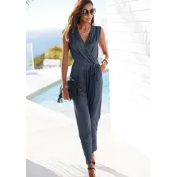 Eleganter LASCANA Damen Overall in Dunkelblau - Jumpsuit in Wickeloptik, knitterfrei und bügelfrei, perfekt für stilvolle Anlässe. Figurumschmeichelnd mit breiten Trägern und Eingrifftaschen.