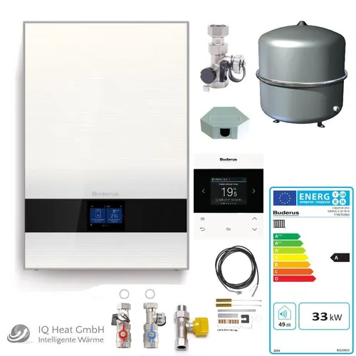 Buderus Logamax plus GB192i 35 kW Paket W50S Gasbrennwert Therme RC310 - Brenner & Kessel: Hochleistungs-Gasbrennwerttherme mit Energieeffizienzklasse A+ für effiziente Warmwasserbereitung und zuverlässige Heizleistung.