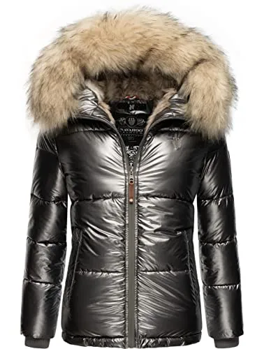 Navahoo Damen Winterjacke Tikunaa Anthracite Gr. L - Funktionsjacke mit stylischem Metallic-Look und abnehmbarer Kunstfellkapuze, perfekt für kalte Tage - hält warm und sieht gut aus!