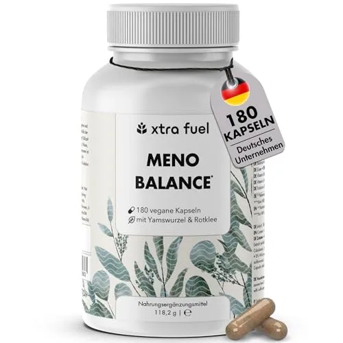 XTRA FUEL Wechseljahre Kapseln - Meno Balance, 180 vegane Kapseln - Vitamine für Frauen in der Lebensmitte, unterstützt den Energiestoffwechsel und reduziert Müdigkeit mit pflanzlichen Inhaltsstoffen wie Yams und Rotklee.