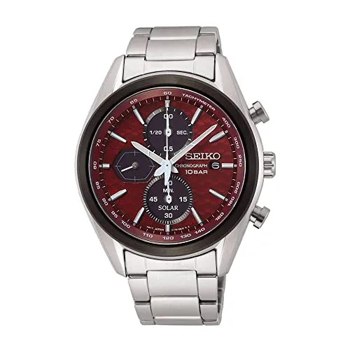 Seiko Herren Macchina Sportiva Solar Betrieben Uhr SSC771P1 - Armbanduhren: Sportliche Solar-Uhr mit 100 m Wasserdichtigkeit und elegantem burgunderfarbenem Zifferblatt – ideal für aktive Herren.