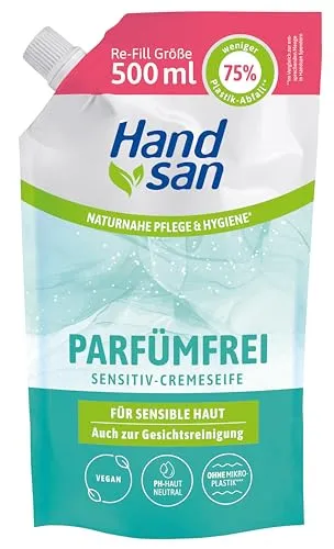 Handsan Cremeseife parfümfrei Nachfüllbeutel 500ml - Milde, pH-hautneutrale Cremeseife im praktischen Nachfüllbeutel für empfindliche Haut. Frei von Parfüm und Farbstoffen, ideal zum Händewaschen und für die Gesichtsreinigung.