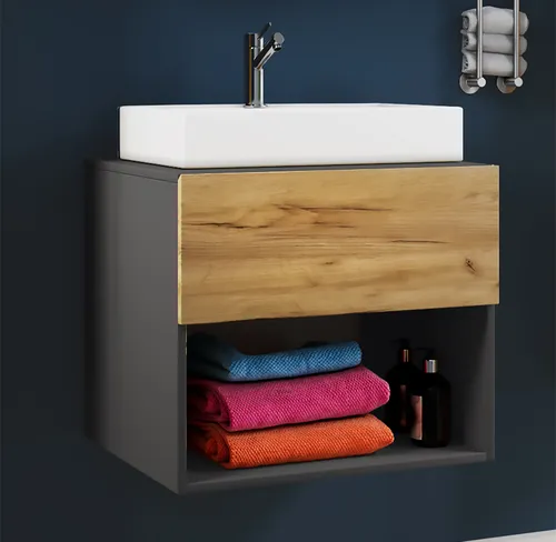 VCM 2-tlg. Waschtisch Waschplatz Lendas II 60 cm - Badezimmerschränke - Pflegeleichtes Badmöbelset mit schickem Design, inklusive Unterschrank und robustem Keramikwaschbecken.