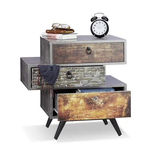 Vintage Kommode Beistellschrank im Shabby Chic - Stilvolles Sideboard in Grau aus MDF, ideal für Wohnzimmer. Mit 3 Schubladen bietet es praktischen Stauraum und verleiht Ihrem Raum einen charmanten Retro-Look.