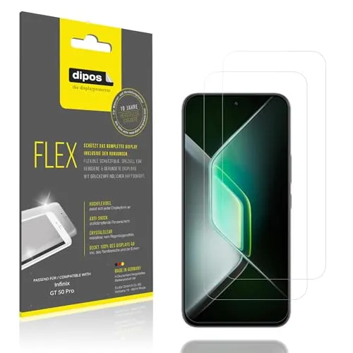 dipos FLEX 2x Schutzfolie klar passend für Infinix GT 50 Pro, 100% Displayabdeckung, Anti-Shock, Fingerprint Kompatibel, Case-Friendly, Full Cover Displayschutz Folie