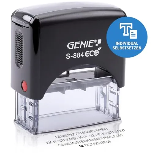 GENIE S-884 ECO Stempel Set mit Stempelkissen - Stempel für Firmen und Adressen, selbstfärbend und personalisierbar, ideal für effizientes Arbeiten im Büro.