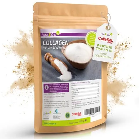 Vita2You Collagen Pulver 1kg - Bioaktives Kollagen für Haut und Muskeln - Kollagen-Präparate: Hochwertiges Solugel® Kollagen aus Weidehaltung, 91% Protein für gesunde Haut und Muskeln, 100% rein und ohne Zusatzstoffe.