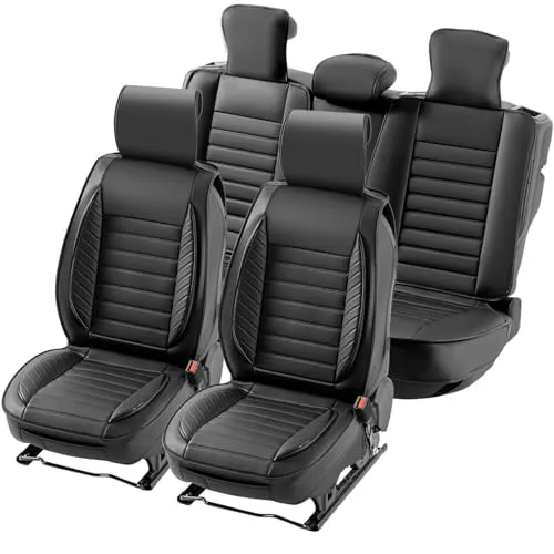 VEVOR Autositzbezüge 9-teilig - Universelle Autositzbezüge aus Kunstleder, komfortabel und sicher für lange Fahrten. Halbgeschlossenes Design, abnehmbare Kopfstütze und Airbag-kompatibel.