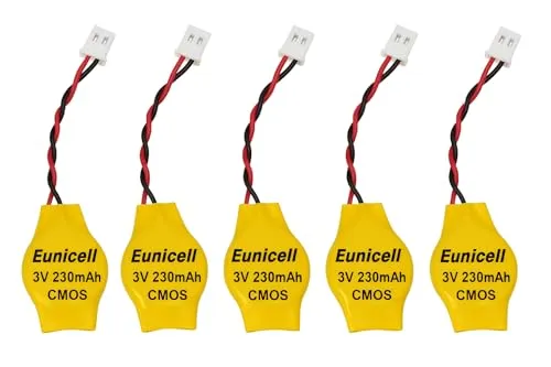 Eunicell 5 x CMOS BIOS Batterie CR2032 3V Lithium-Knopfzelle mit MOLEX-Stecker (2-Pin) – RTC Pufferbatterie inkl. Kabel 15cm Länge für PC Mainboard & Laptop | Behebt Uhrzeitfehler