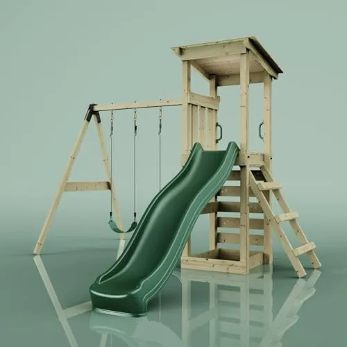 OutdoorToys Spielturm Neapel in Dunkelgrün mit Doppel-Kinderschaukel - Robuster Spielturm aus unbehandeltem Holz in Dunkelgrün. Ideal für kleine Abenteurer mit Doppelschaukel für gemeinsames Spielen. Inklusive Rutsche und Kletterelementen für aktiven Spaß im Garten. Sichere Montage mit Bodenankern.