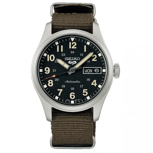 Seiko 5 „Grüne Zone“-Mittelfeld-Sportstil SRPJ85K1 - Armbanduhren für Herren, wasserdicht bis 100 m und mit stylischem grünen Armband für den sportlichen Look.