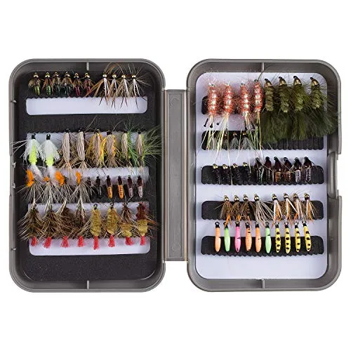 Bassdash Fliegenfischen Fliegen Set Forellenbarschangeln mit Fliegenbox, 36/64/72/76/80 / 96Stk. Mit Trockenfliegen/Nassfliegen, Nymphen, Streamers, Popper