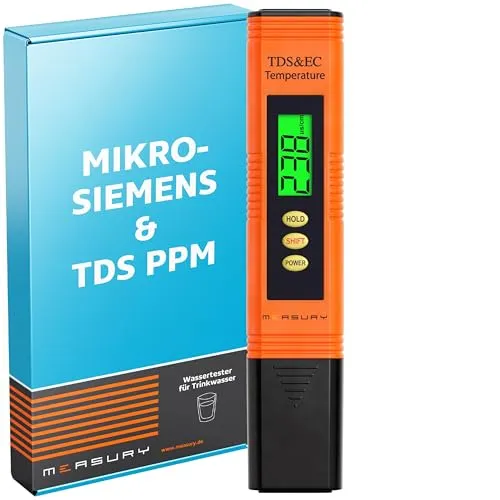 Measury Mikrosiemens Messgerät für Trinkwasser - Wassertests & -aufbereitung: Präzises TDS&EC Messgerät mit drei Modi zur Ergebnisausgabe und beleuchtetem Display für optimale Ablesbarkeit.