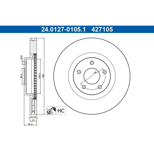 ATE Bremsscheibe FORD 24.0127-0105.1 - Belüftete Bremsscheibe für die Vorderachse, hochgekohlt und beschichtet für optimale Bremsleistung und Langlebigkeit, passend für mehrere Ford Modelle.