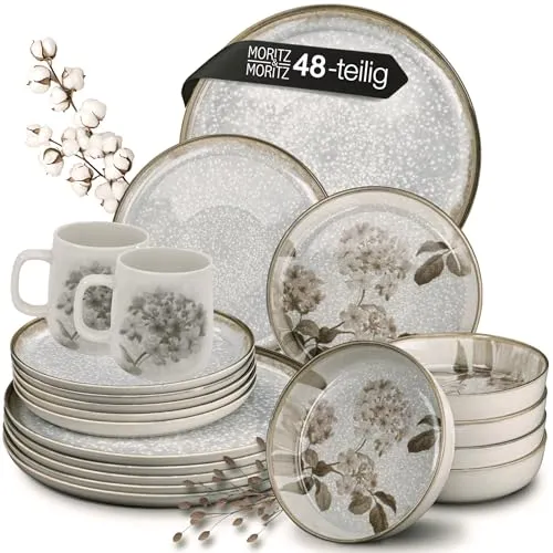 Moritz & Moritz BLOSSOM Porzellan Geschirrset 12 Personen - Stilvolles Tafelservice mit floralen Akzenten - FÜR JEDEN ANLASS GEEIGNET - Das 48-tlg. Moritz & Moritz BLOSSOM Geschirrset überzeugt mit eleganten Dinnertellern, Suppentellern und Kaffeebechern. Hochwertiges Porzellan, spülmaschinenfest und ideal für stilvolle Tischdekorationen.