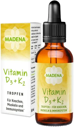 MADENA Vitamin D3 + K2 Tropfen 50 ml - Hochdosiert für starke Knochen und Muskeln - Kategorie: Vitamine & Mineralien. GMO-frei und 100% vegan, ideal für die optimale Aufnahme von Vitamin D3 und K2 zur Unterstützung von Knochen, Muskeln und Immunsystem.