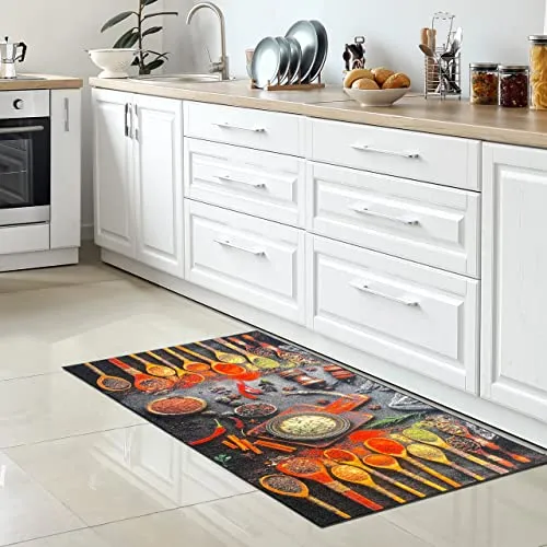 CARPETIA Küchenteppich 67 x 180 cm – Gewürze & Kräuter Design - Pflegeleichter Küchenteppich mit rutschfester Unterseite für sicheren Halt. Waschbar und robust, ideal für stark frequentierte Bereiche. Verleiht Ihrer Küche ein stilvolles Ambiente.