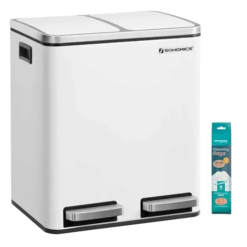 Songmics Mülleimer LTB30WT, 2 x 15 Liter, weiß - Eleganter Treteimer aus Metall für Mülltrennung mit Softclose-Mechanismus. Ideal für Küche und Büro, sorgt für saubere und geruchsfreie Umgebung.