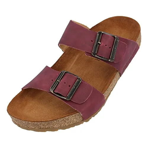 HAFLINGER Bio Andrea Leder Pantolette Sandale Rot (Country Bordeaux 1654), Gr 36 - Anatomisch geformte Pantolette mit Korkfußbett für optimalen Halt und viel Bewegungsfreiheit. Die rutschfeste TPR-Gummisohle sorgt für Flexibilität und einen leisen Auftritt.
