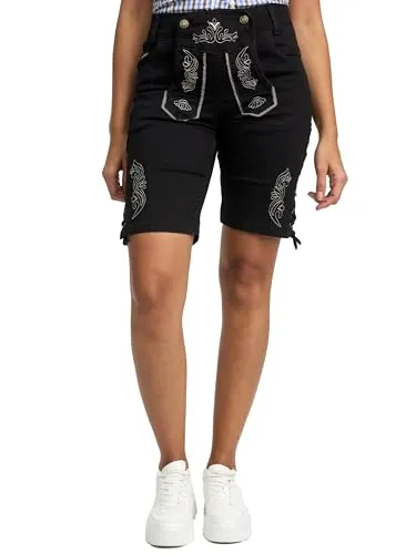 Steigenhöfer Manufaktur Jeansshorts - Traditionelle Damen-Jeans in Schwarz - Trachtenjeans aus 95% Denim und 5% Stretch, ideal für festliche Anlässe, mit verdecktem Knopfverschluss und eleganter Logostickerei.