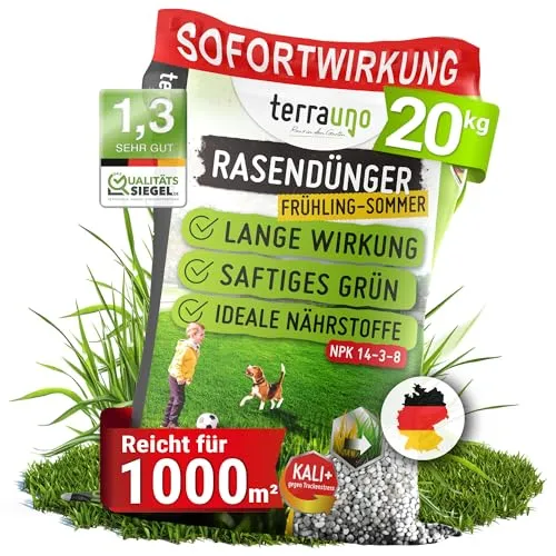 TerraUno Rasendünger Frühjahr/Sommer 20kg für 1000m² - Effektiver Rasendünger mit Sofortwirkung für ein saftiges Grün. Ideal für eine üppige Rasenfläche und einfache Anwendung.