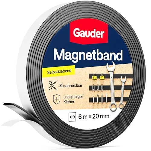 GAUDER Magnetband selbstklebend mit 3M-Kleber - Stark haftender Magnetstreifen zuschneidbar - Magnetklebeband mit hoher Magnetkraft & zuverlässiger 3M-Klebeschicht (6 m x 20 mm)